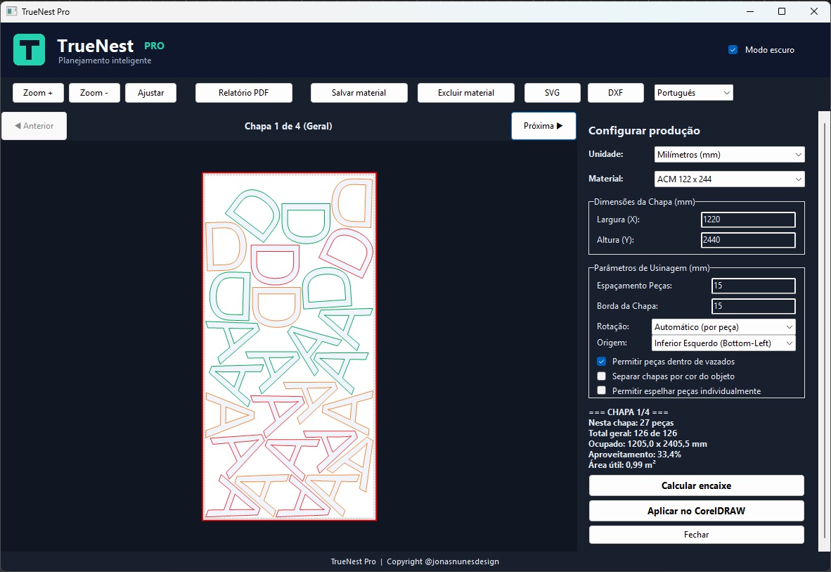 Interface do TrueNest Pro mostrando uma chapa com letras encaixadas e controles de produção